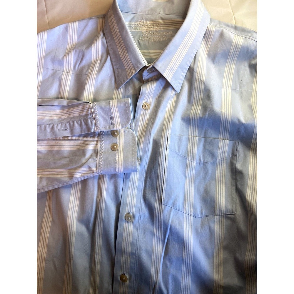 Tommy Bahama Denim Mens Blue White Striped Herringbone Western Shirt L